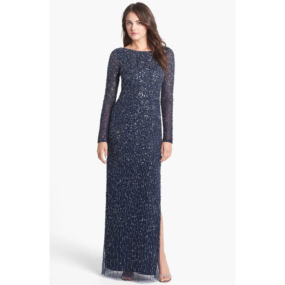 Aidan Mattox Gown Women 6 Navy Blue All Over Bead Sequin Long Sleeve Formal Maxi